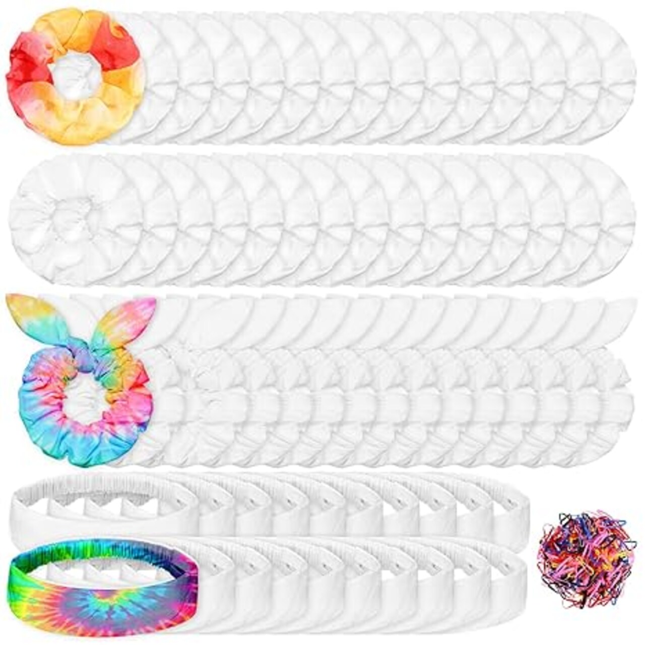 65-Piece White Cotton Hair Accessories Set for Tie-Dye – Includes 30 Scrunchies, 15 Bow Hair Ties, and 20 Non-Slip Stretchy Headbands. Perfect DIY Tie-Dye Party Supplies for Women and Girls.
